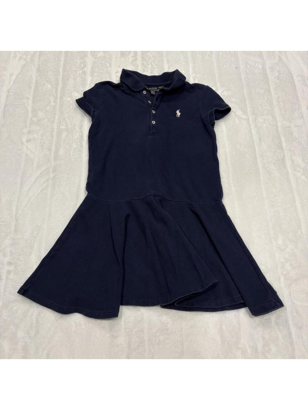 Polo Ralph Lauren Girls M 8-10 Navy Cotton Blend Polo Dress Preppy Pleated Skirt